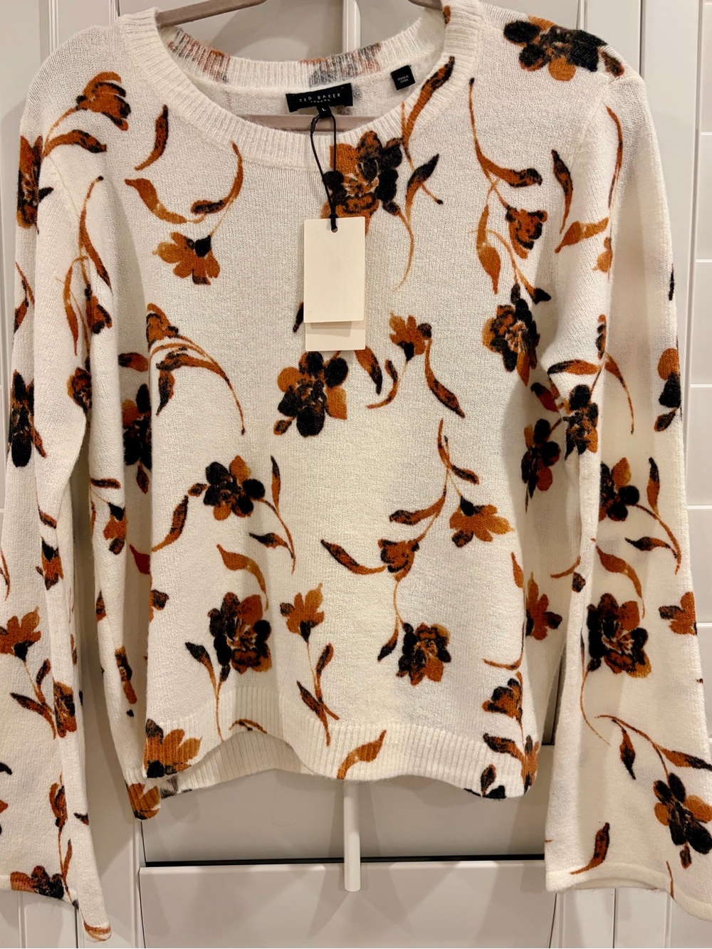 Ted Baker London Cream Crewneck Sweater with Brown & Black Floral Pattern